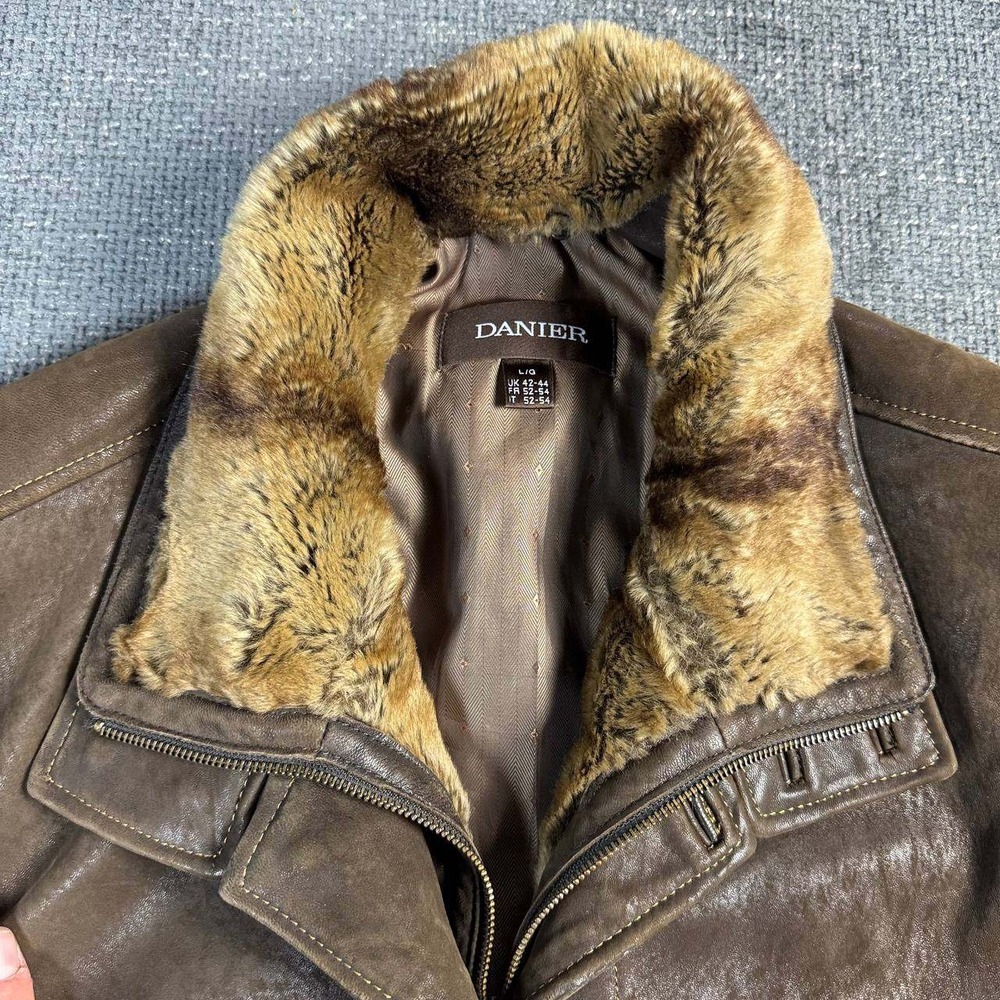 Danier Leather Car Coat Mens Large Brown Faux Fur Collar Double Layer Jacket - Picture 6 of 16